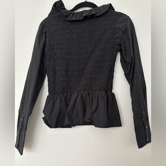 GANNI Black Ruffle cotton poplin smocking Blouse peplum square open neck size 34 - Picture 6 of 7